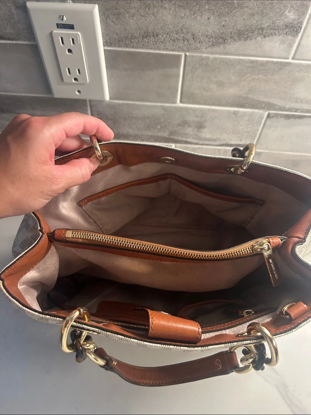 Michael Kors Cynthia Cream MK Logo Tote with Gold Hardware